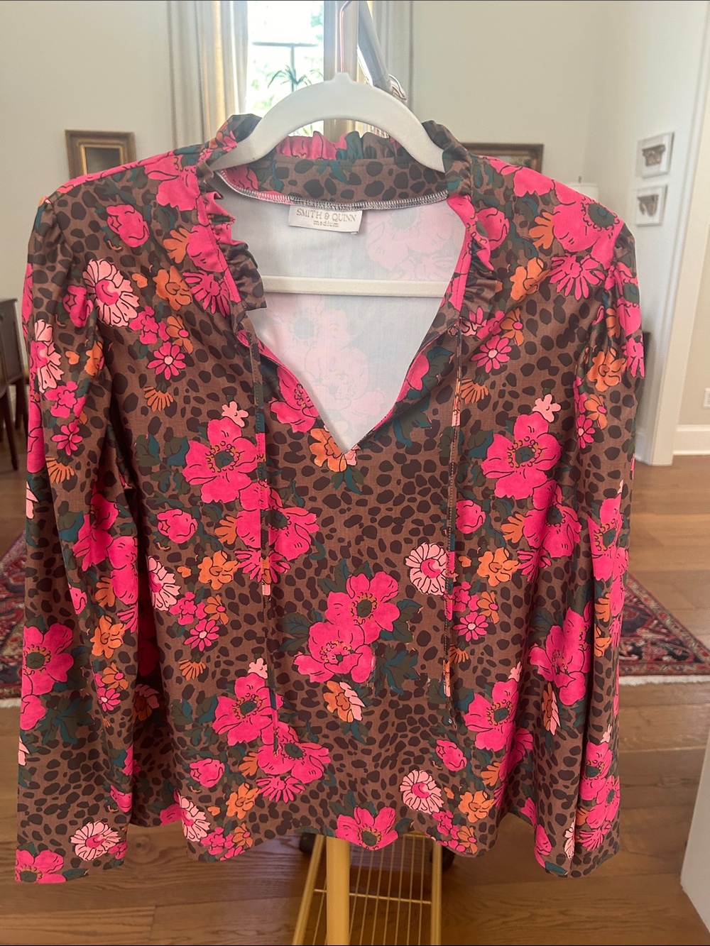 Brown Floral V-Neck Long Sleeve Top - Hot Pink & Orange